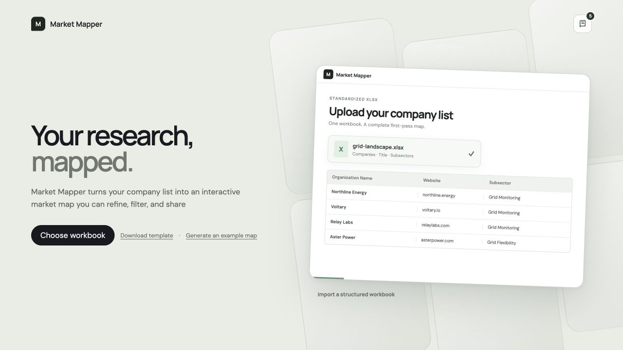 Market Mapper homepage and market landscape